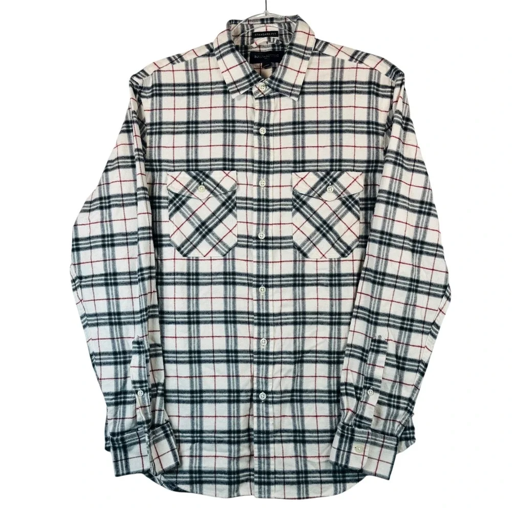 Banana Republic Mens S White Black Red‎ Plaid Flannel Shirt Standard Long Sleeve